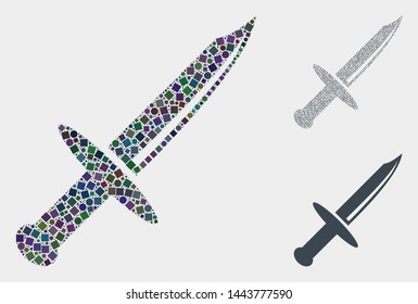 Collage Knife blade icon constructed from circle and square elements in variable sizes, positions and proportions.