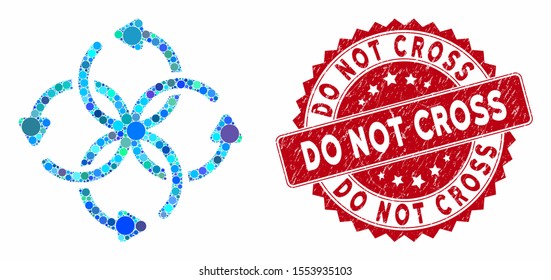 Collage knot rotation and distressed stamp seal with Do Not Cross text. Mosaic vector is created with knot rotation icon and with random spheric spots. Do Not Cross stamp seal uses red color,