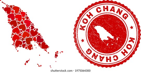 Collage Koh Chang map designed from red love hearts, and textured seal. Vector lovely round red rubber seal stamp imitation with Koh Chang map inside.