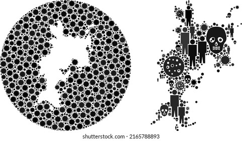 Mapa de la isla de Collage Komodo compuesto de íconos de virus cómodos y íconos de población y cabeza muerta. Collage del mapa de la isla Komodo del virus de la infección formado con esfera y forma restada.