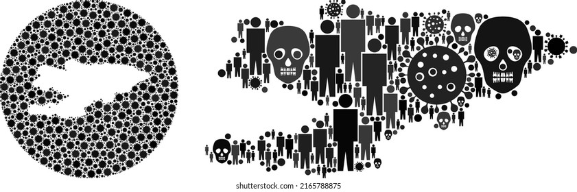 Collage Kyrgyzstan map constructed from covid virus elements and humans and skeleton elements. Evil virus Kyrgyzstan map collage composed with circle and stencil.