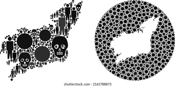 Collage La Coruna Province map composed of virus items and men and skeleton items. Flu virus La Coruna Province map mosaic created with sphere and cut out shape.