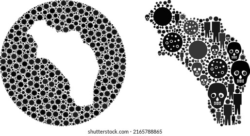 Collage La Rioja of Argentina map composed of flu virus icons and humans and dead head icons. Pandemic virus La Rioja of Argentina map collage composed with sphere and hole.