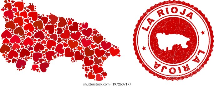 Collage La Rioja of Spain map formed from red love hearts, and textured badge. Vector lovely round red rubber badge imitation with La Rioja of Spain map inside.