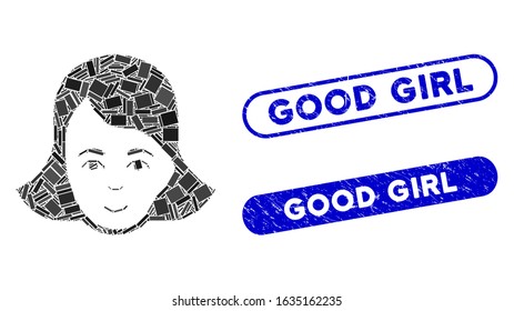 Collage lady face and grunge stamp seals with Good Girl text. Mosaic vector lady face is composed with randomized rectangle items. Good Girl seals use blue color, and have round rectangle shape.