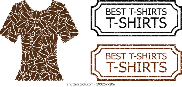 Collage lady T-shirt united from coffee grain, and grunge Best T-Shirts rectangle seal stamps with notches.