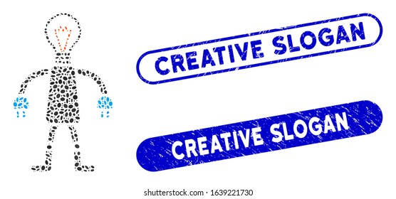 Collage lamp head robot and distressed stamp seals with Creative Slogan phrase. Mosaic vector lamp head robot is designed with scattered elliptic pieces. Creative Slogan stamp seals use blue color,