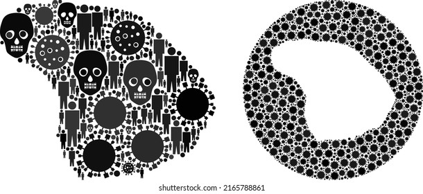Collage Lanai Island Karte besteht aus covid Virus-Symbole und Menschen und sterblichen Symbolen. Grippevirus Lanai Insel Karte Collage mit Kugel und subtraktierte Form.