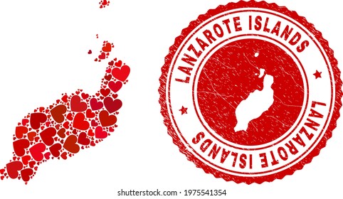 Collage Lanzarote Islands map formed with red love hearts, and scratched badge. Vector lovely round red rubber badge imprint with Lanzarote Islands map inside.