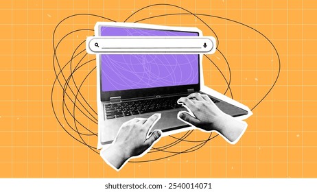 collage with laptop and hands on keyboard search string in halftone style. punk design for poster with hands in trendy halfton style