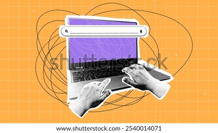 collage with laptop and hands on keyboard search string in halftone style. punk design for poster with hands in trendy halfton style