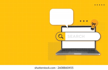 collage with laptop keyboard search yellow background with copy space