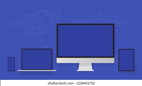 Collage laptop phone tablet computer on a blue background. Vector illustration.