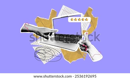 collage with laptop and torn paper in halfton style. punk design for poster with review in trendy halfton style