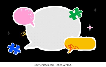 Uma colagem de uma grande bolha de fala no meio, peças de quebra-cabeças e balões coloridos ao redor. O conceito de transmissão de informações, comunicação e diálogo.