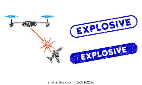 Collage laser drone attacks airplane and rubber stamp seals with Explosive phrase. Mosaic vector laser drone attacks airplane is designed with scattered rectangle items.