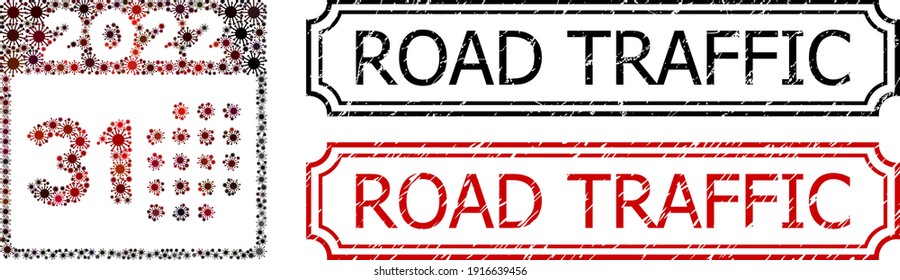 Collage last 2022 day constructed from SARS virus elements, and grunge Road Traffic rectangle badges with notches.