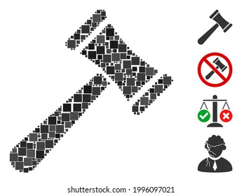 Collage Law hammer icon designed from square elements in various sizes and color hues. Vector square elements are composed into abstract composition law hammer icon. Bonus pictograms are placed.