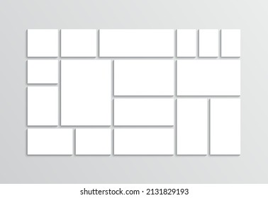 Collage layout. Moodboard grid. Photo mood board template. Mosaic pictures. Frames images. Album banner. Simple presentation. Gallery wall brandboard. Retro portfolio background. Vector illustration