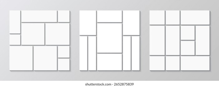 Collage layout template. Set of photo moodboard. Mood board grid. Mosaic pictures geometric frames set. Organised portfolio collection. Album brandboard. Gallery banner. Vector illustration