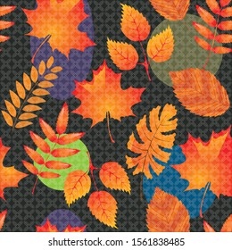 Collage leaves autumn seamless pattern. Multi-colored geometric background. Template, backdrop, wrapping paper, wallpaper, textiles.