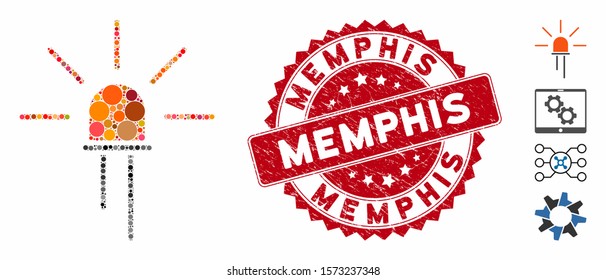 Collage led element icon and rubber stamp seal with Memphis text. Mosaic vector is composed with led element icon and with scattered circle elements. Memphis stamp seal uses red color,