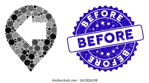 Collage left arrow marker icon and distressed stamp seal with Before phrase. Mosaic vector is formed with left arrow marker icon and with scattered circle items. Before stamp uses blue color,