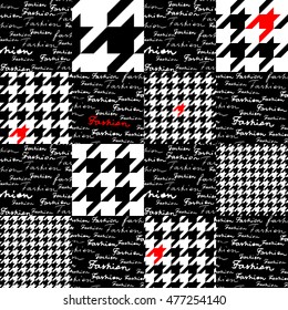 Collage with the lettering of Fashion and houndstooth pattern. Seamless pattern.