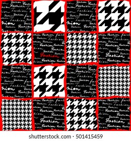 Collage with the lettering of Fashion and houndstooth pattern. Seamless background