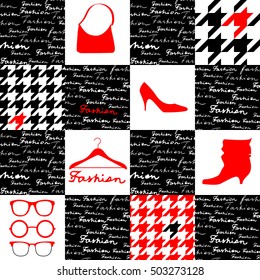 Collage with the lettering of Fashion and houndstooth pattern. Seamless pattern.