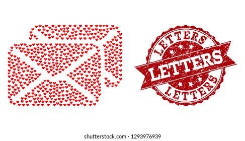 Collage letters designed with red valentine hearts, and isolated grunge stamp. Composition for Valentines Day. Letters concept constructed with small scattered amour heart components.