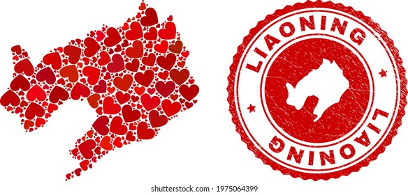 Collage Liaoning Province map created from red love hearts, and unclean seal stamp. Vector lovely round red rubber seal stamp imprint with Liaoning Province map inside.