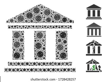Edificio de biblioteca de colecciones organizado a partir de iconos del virus SARS en tamaños aleatorios y tonos de color. Los elementos de infección vectorial se combinan en un icono de creación de biblioteca de collage abstracto. Se añaden algunos iconos adicionales.