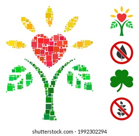 Collage Life icon united from square items in various sizes and color hues. Vector square parts are united into abstract composition life icon. Bonus pictograms are added.