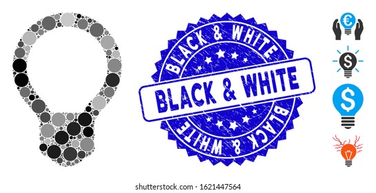 Collage light bulb icon and rubber stamp seal with Black & White phrase. Mosaic vector is designed with light bulb icon and with random round spots. Black & White stamp seal uses blue color,
