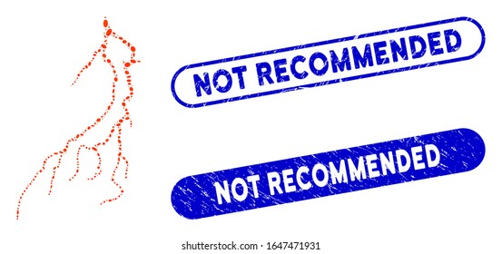 Collage lightning and rubber stamp seals with Not Recommended caption. Mosaic vector lightning is composed with random elliptic elements. Not Recommended stamp seals use blue color,