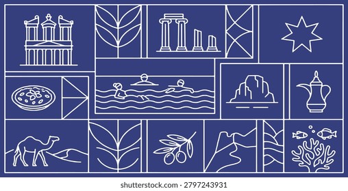 A collage of line art icons on a blue background, depicting Jordan's landmarks, nature, and culture.