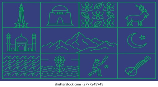 A collage of line art icons representing Pakistan's culture, landmarks, nature, and symbols on a blue background.