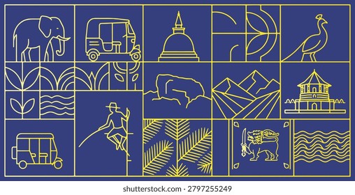 A collage of line art illustrations depicting iconic symbols and scenes from Sri Lanka, including elephants, tuk-tuks, temples, peacocks, mountains, and traditional fishing.