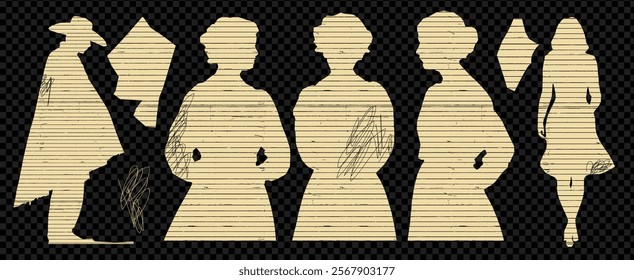 
Collage line vintage paper texture with silhouette of cowboy man and woman. Cutout element set on transparent background.