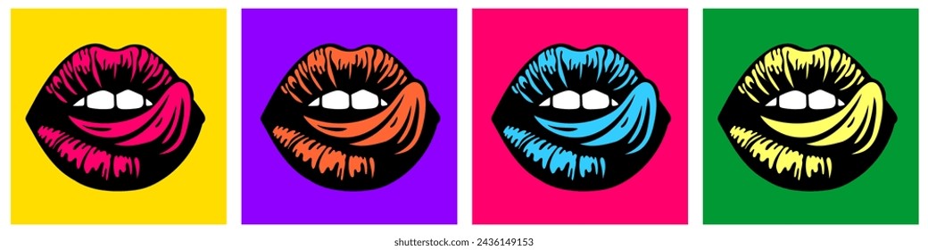 collage of lips in vector pop art style, neon colors, poster