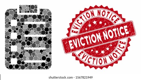 Collage list pad and corroded stamp seal with Eviction Notice text. Mosaic vector is created with list pad icon and with scattered round elements. Eviction Notice stamp seal uses red color,