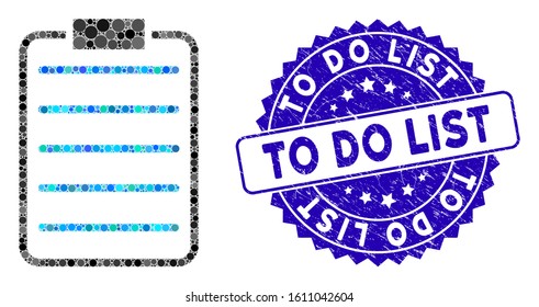 Collage list page icon and grunge stamp watermark with To Do List phrase. Mosaic vector is composed with list page icon and with random spheric spots. To Do List stamp seal uses blue color,