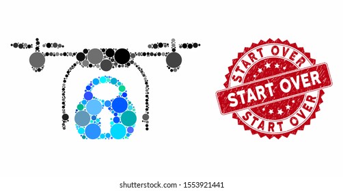 Collage load cargo drone and corroded stamp seal with Start Over caption. Mosaic vector is composed with load cargo drone icon and with randomized circle elements. Start Over stamp uses red color,