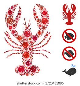 Collage lobster designed from SARS virus elements in variable sizes and color hues. Vector viral elements are grouped into abstract collage lobster icon. Some bonus icons are added.