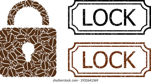 Collage lock composed of cacao grain, and grunge Lock rectangle stamps with notches. Vector coffee items are arranged into abstract collage lock icon with brown color.