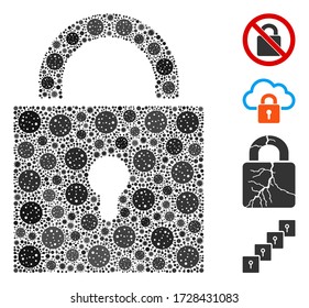 Collage lock constructed from covid-2019 virus icons in different sizes and color hues. Vector viral icons are grouped into abstract collage lock icon. Some bonus icons are added.