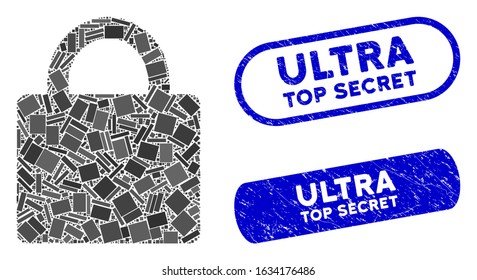 Collage lock and corroded stamp seals with Ultra Top Secret text. Mosaic vector lock is composed with scattered rectangle items. Ultra Top Secret seals use blue color, and have round rectangle shape.