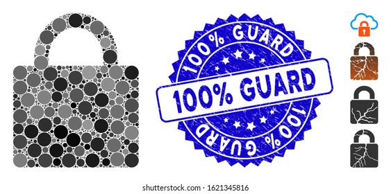 Collage lock icon and corroded stamp seal with 100% Guard caption. Mosaic vector is designed with lock icon and with randomized circle spots. 100% Guard stamp seal uses blue color,