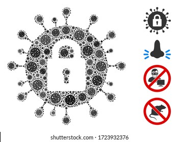 El coronavirus bloqueado de color organizado a partir de iconos del virus de la gripe en tamaños aleatorios y tonos de color. Los elementos virales vectoriales se unen en el icono abstracto del coronavirus colage bloqueado. Se agregan algunos iconos de bonificación.